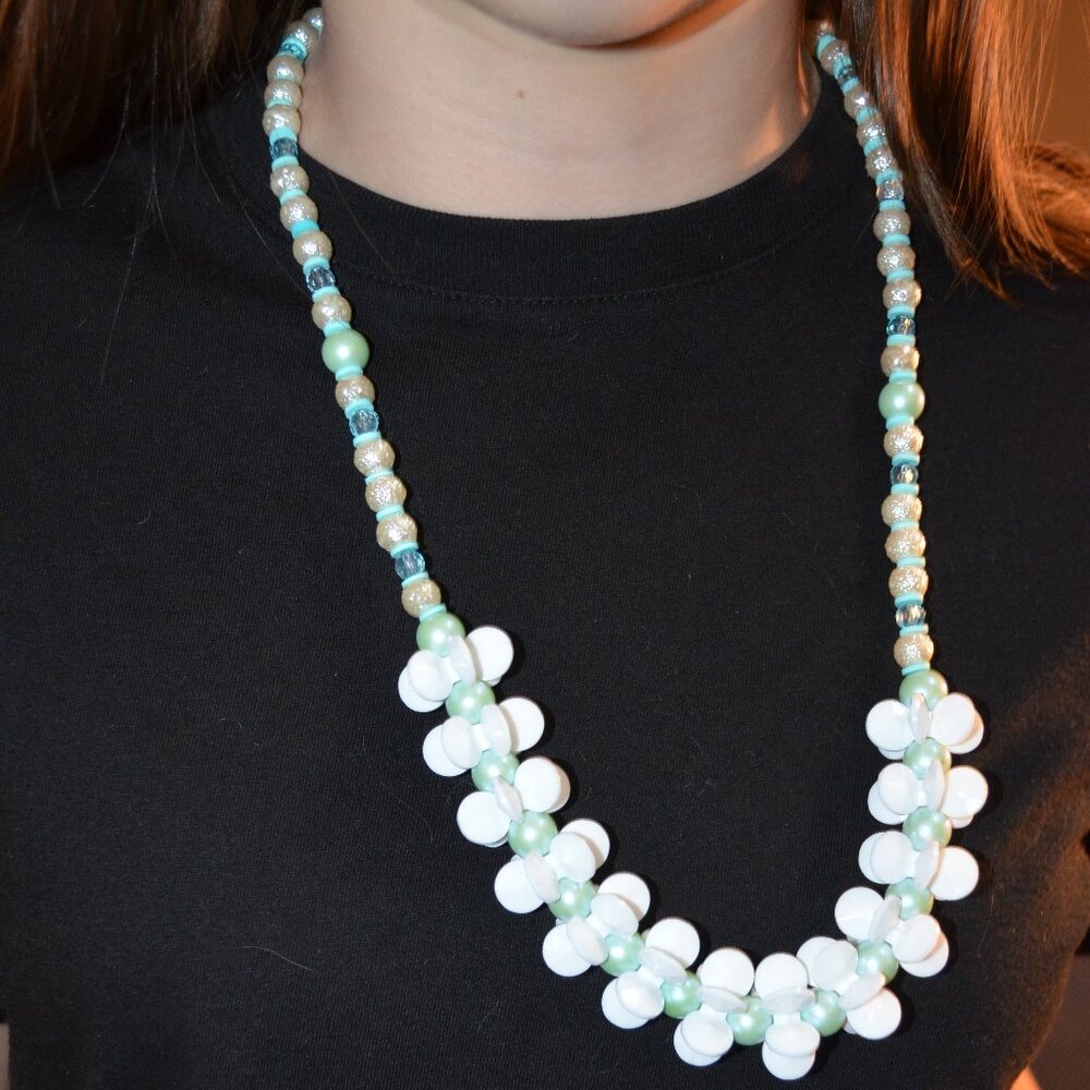 Necklace White & Blue Beads Acrylic Glass Plastic Rubber HomeMade Stretchy 12.5